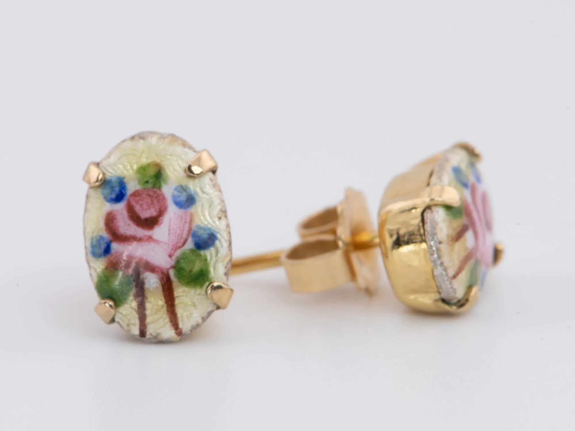 14K Gold Antique Art Deco Guilloche Enamel Rose Floral Stud Earrings 1.3g R3146