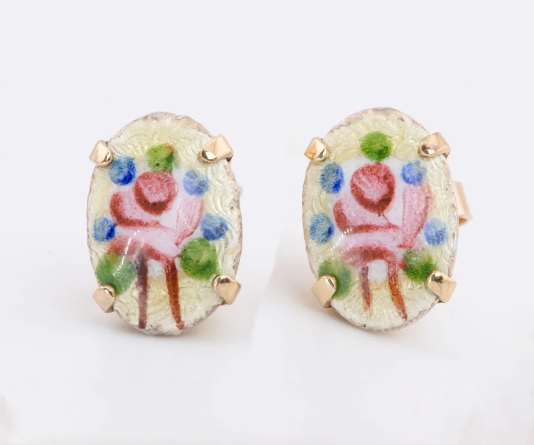 14K Gold Antique Art Deco Guilloche Enamel Rose Floral Stud Earrings 1.3g R3146