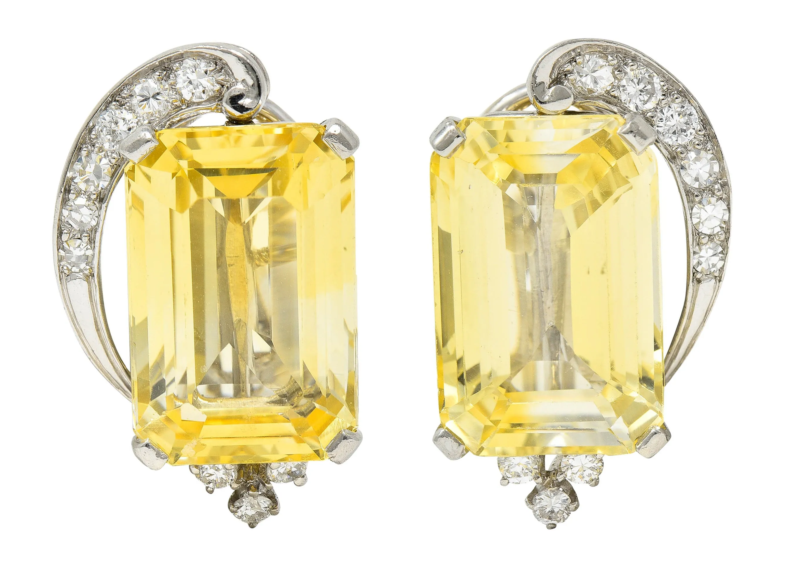 1950's Mid-Century 28.05 CTW Yellow Sapphire Diamond Platinum Earrings