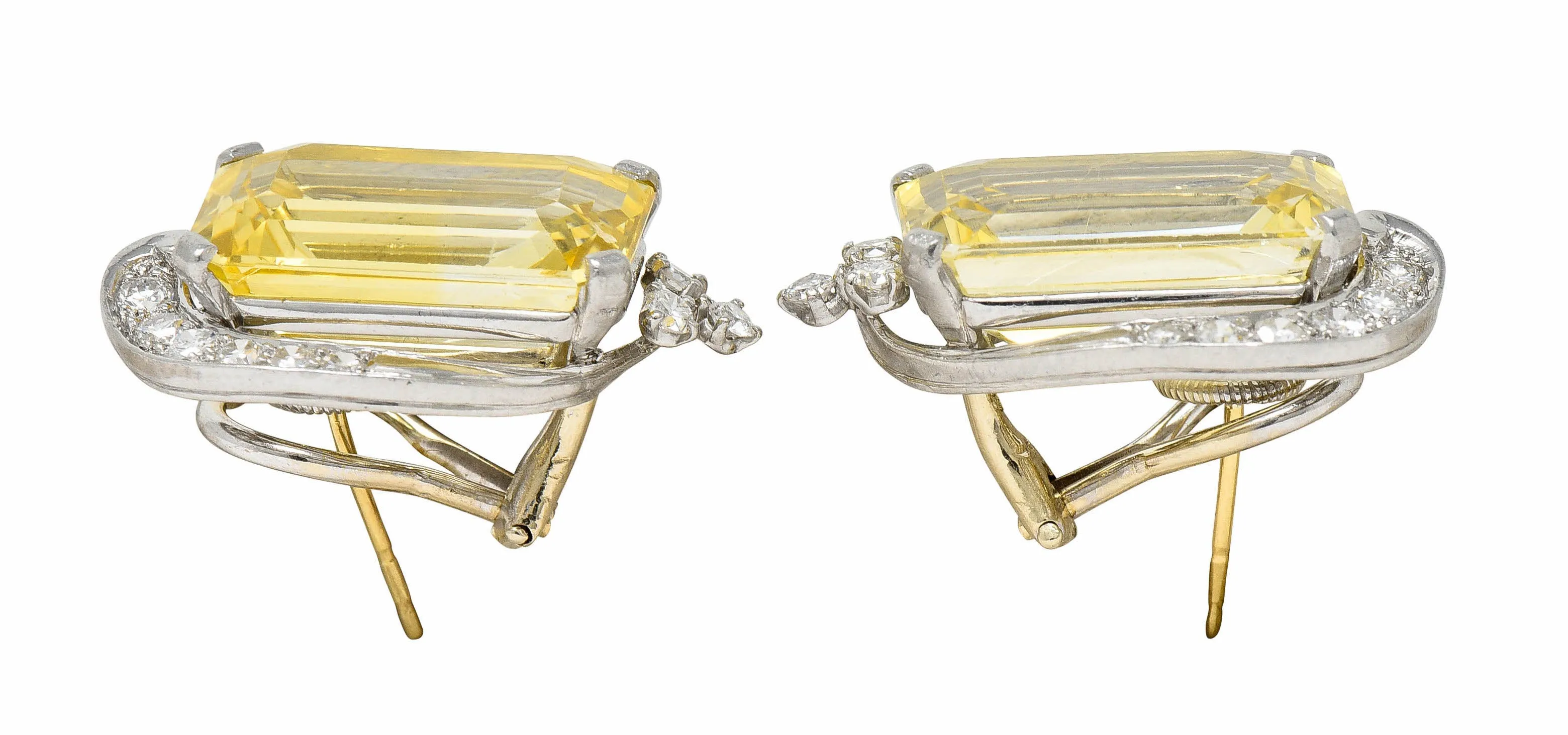 1950's Mid-Century 28.05 CTW Yellow Sapphire Diamond Platinum Earrings