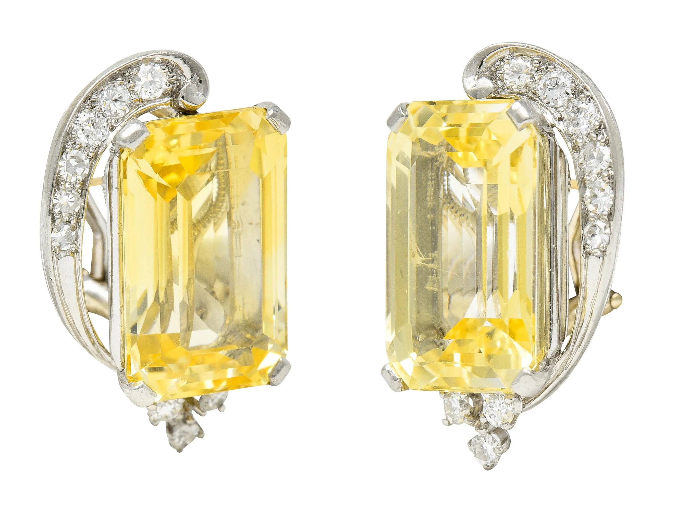 1950's Mid-Century 28.05 CTW Yellow Sapphire Diamond Platinum Earrings