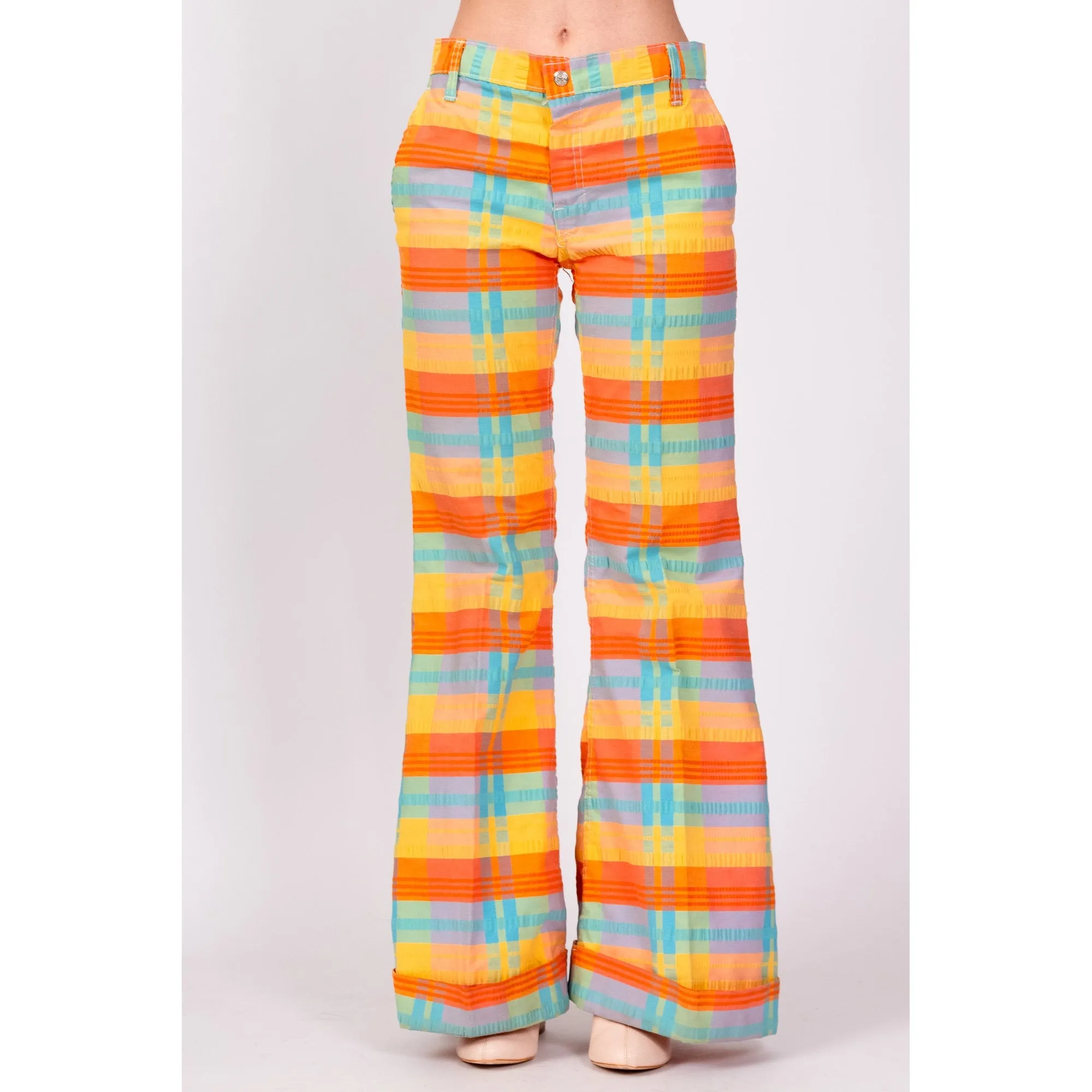 70s Colorful Plaid Bell Bottoms - Extra Small