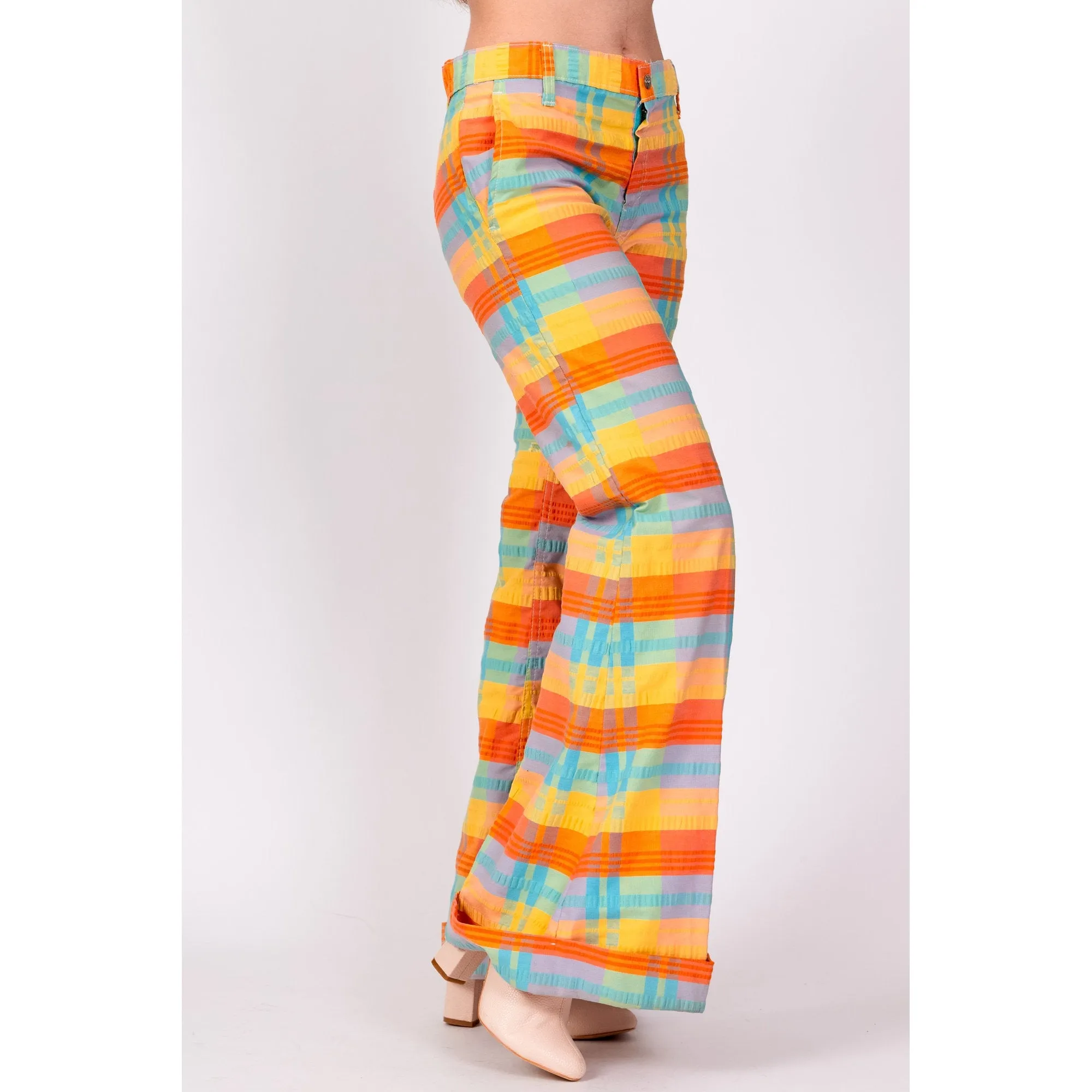 70s Colorful Plaid Bell Bottoms - Extra Small