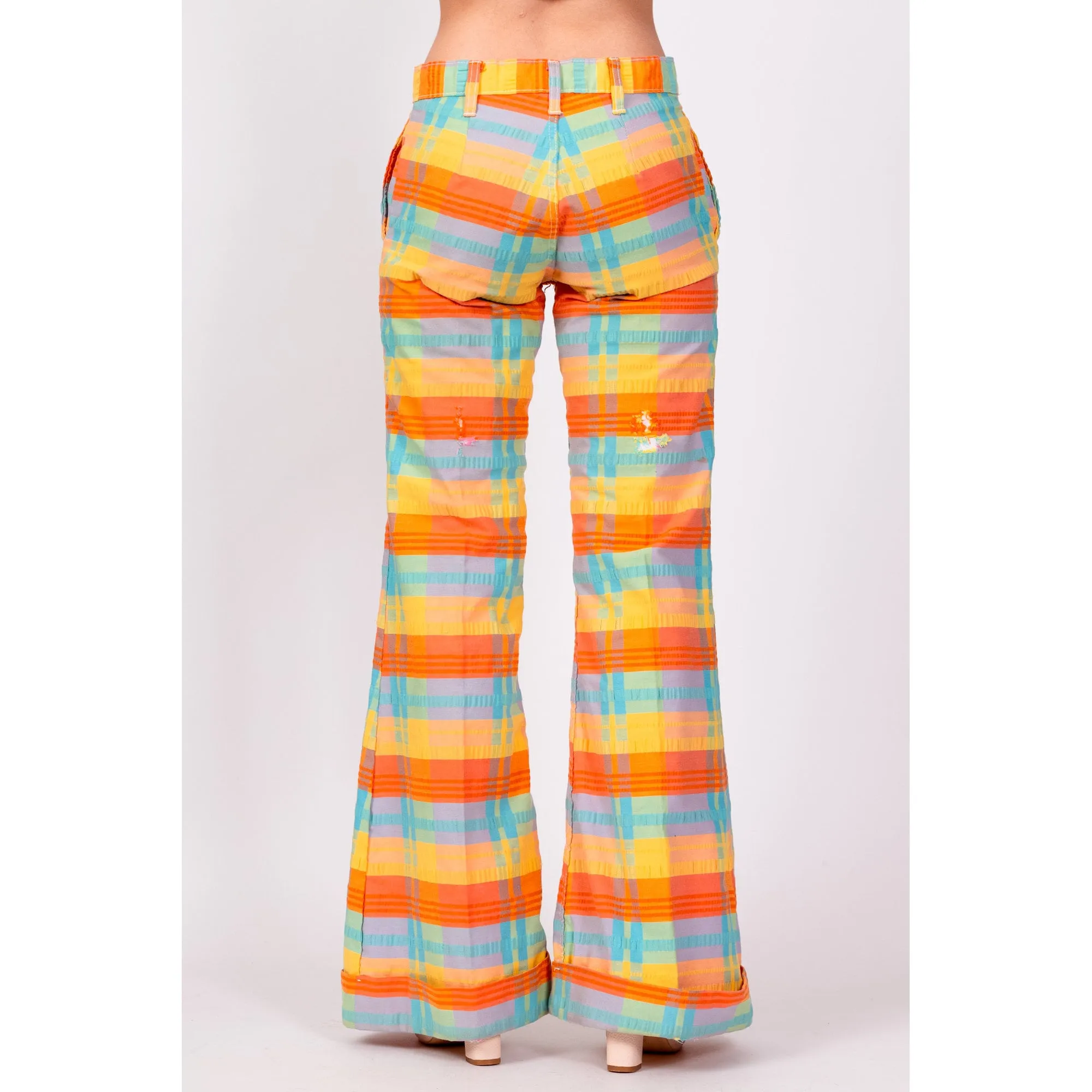 70s Colorful Plaid Bell Bottoms - Extra Small