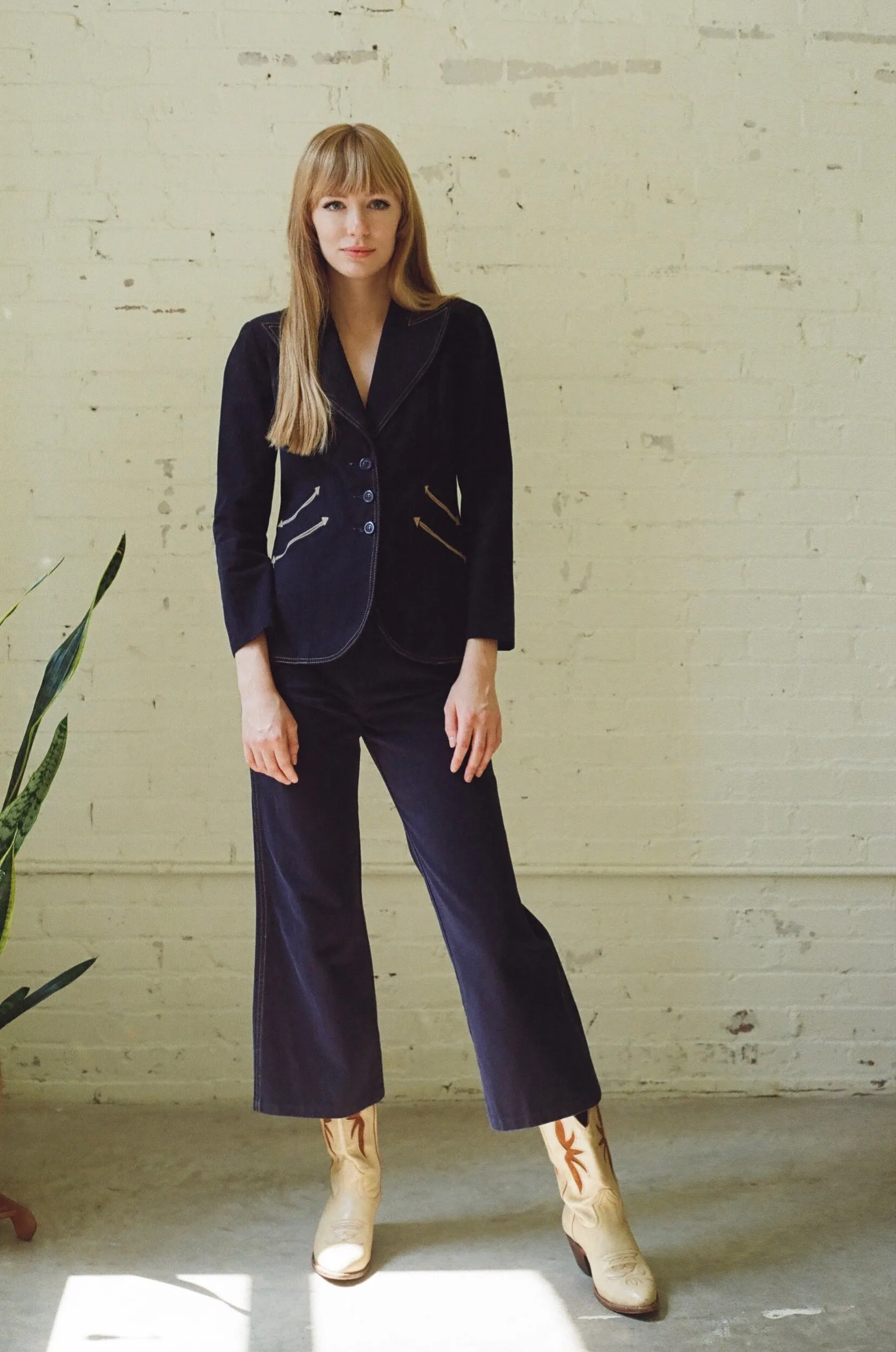 70s Navy Blue Cotton Gabardine Jacket & Bell Bottoms Set, Size 0-