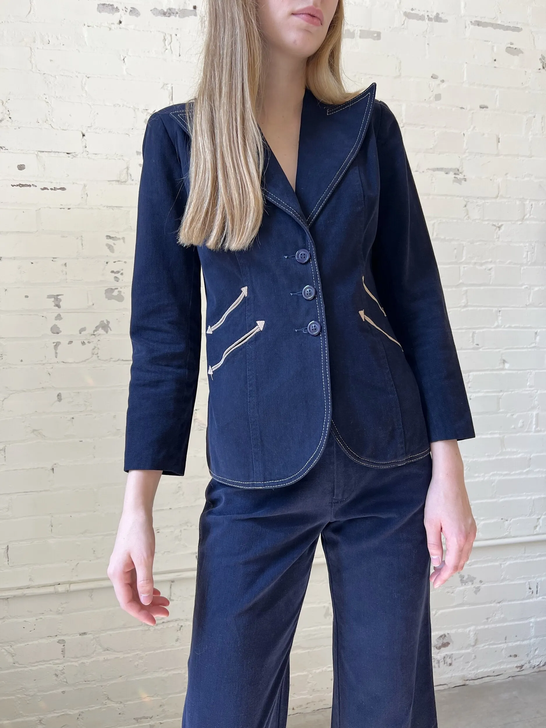 70s Navy Blue Cotton Gabardine Jacket & Bell Bottoms Set, Size 0-