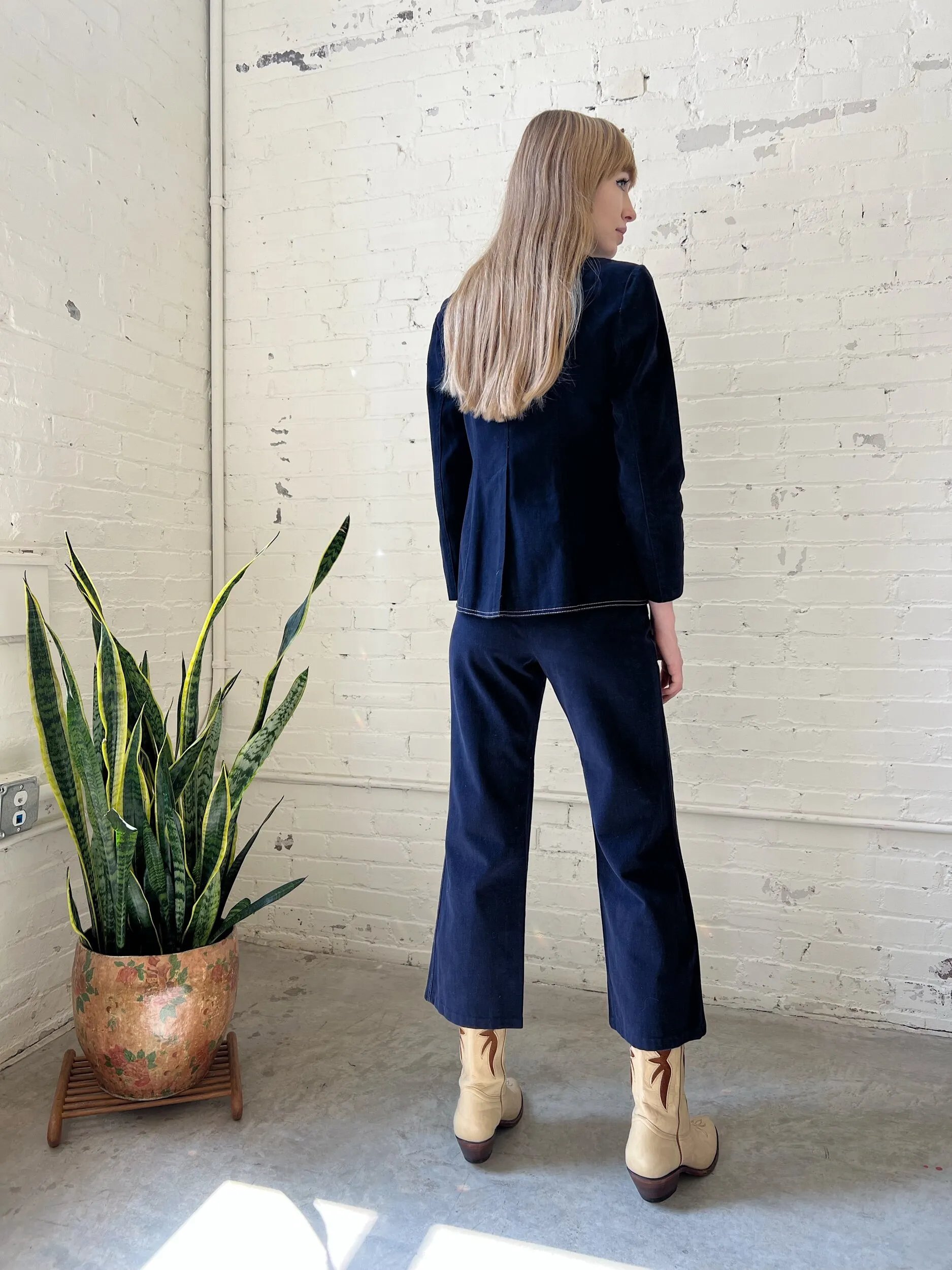 70s Navy Blue Cotton Gabardine Jacket & Bell Bottoms Set, Size 0-