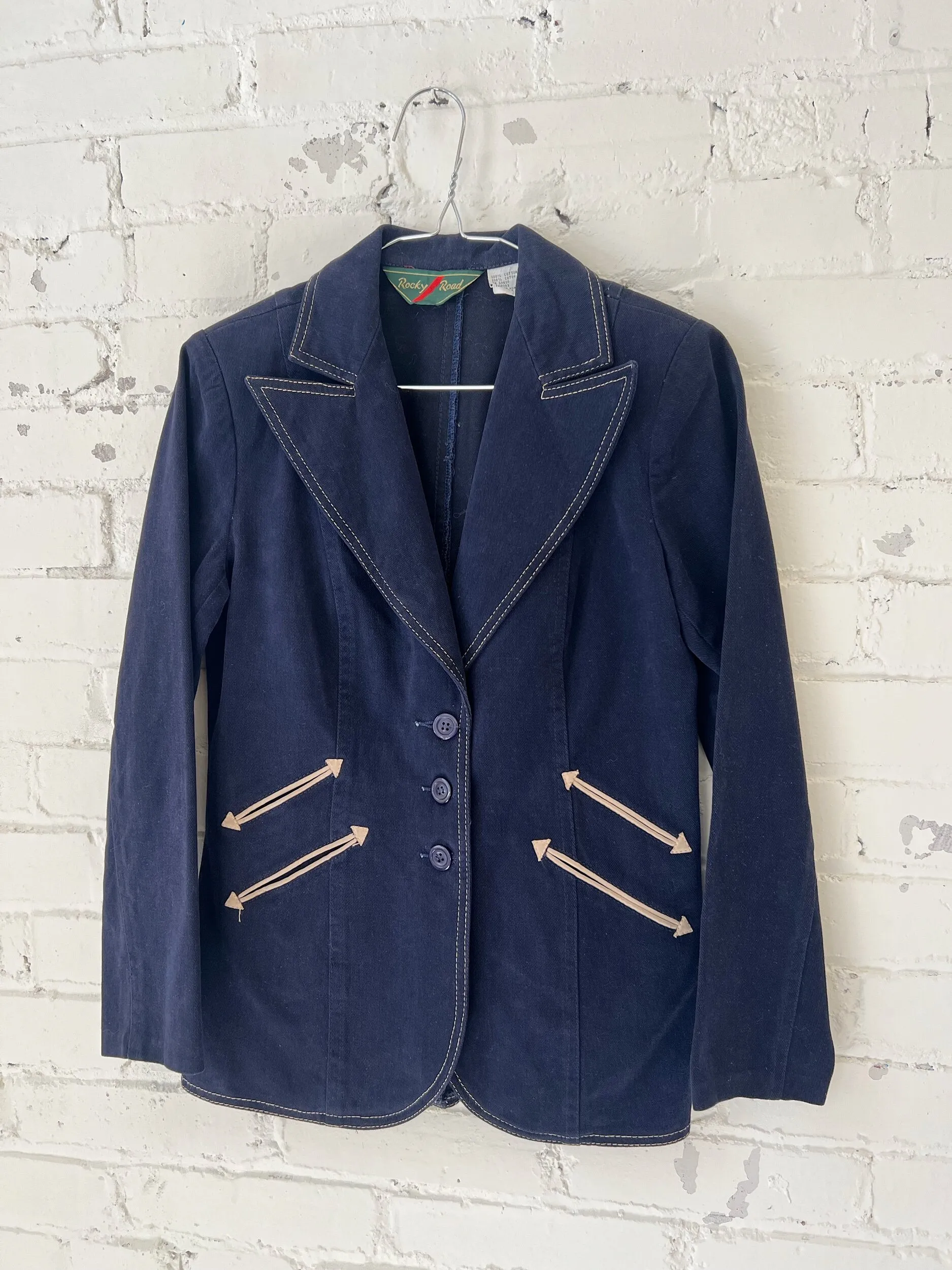 70s Navy Blue Cotton Gabardine Jacket & Bell Bottoms Set, Size 0-