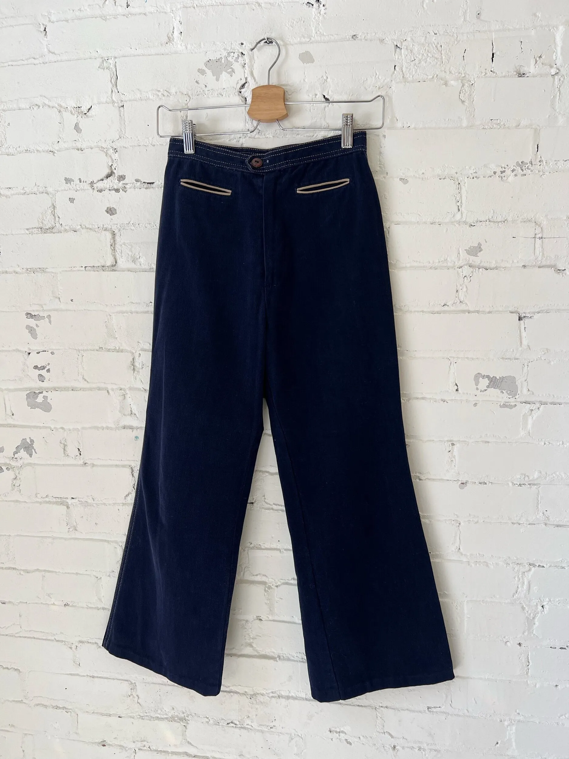 70s Navy Blue Cotton Gabardine Jacket & Bell Bottoms Set, Size 0-