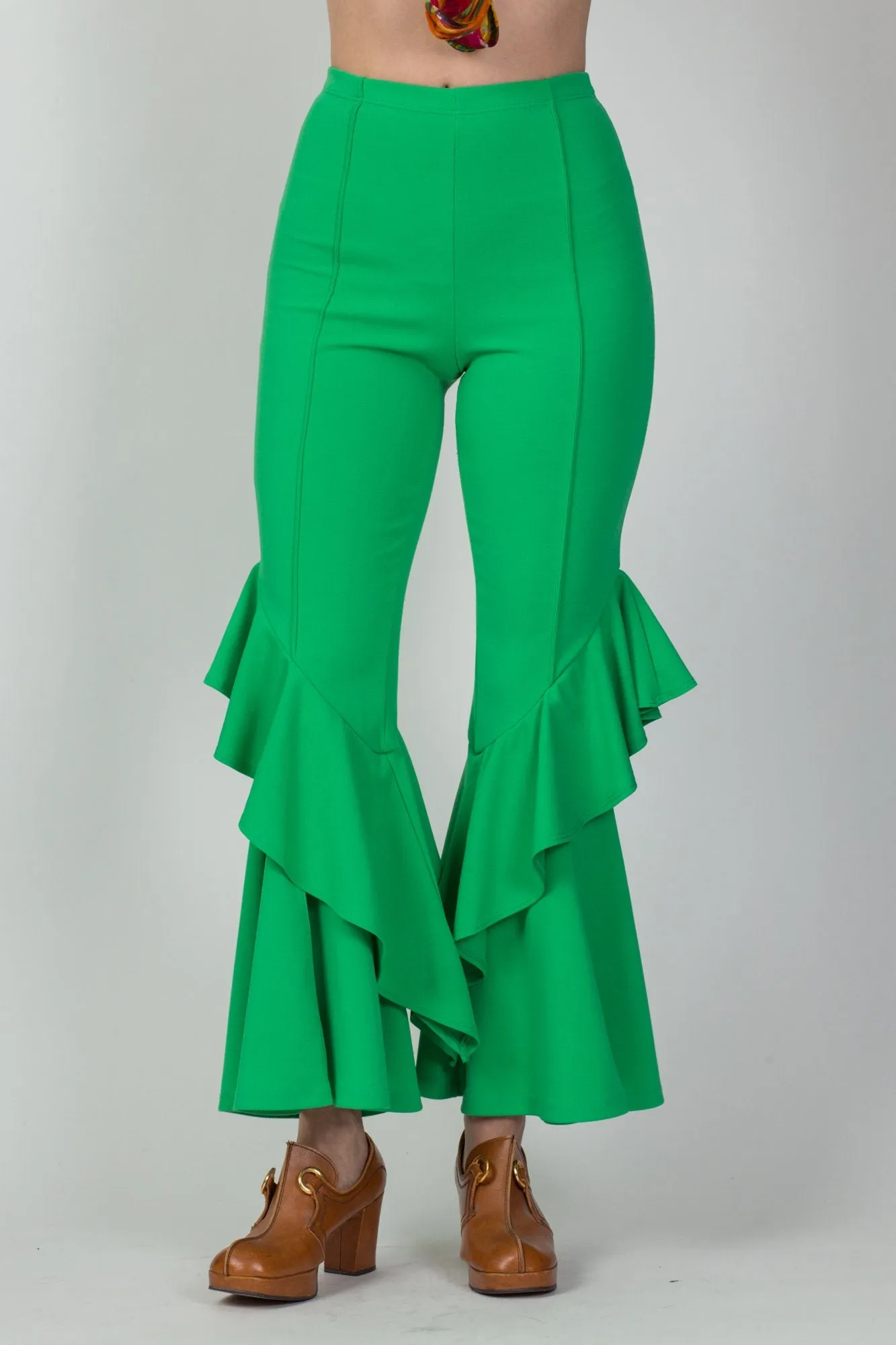 90s Y2K Does 70s Frog Green Hippie Bell Bottoms - Small