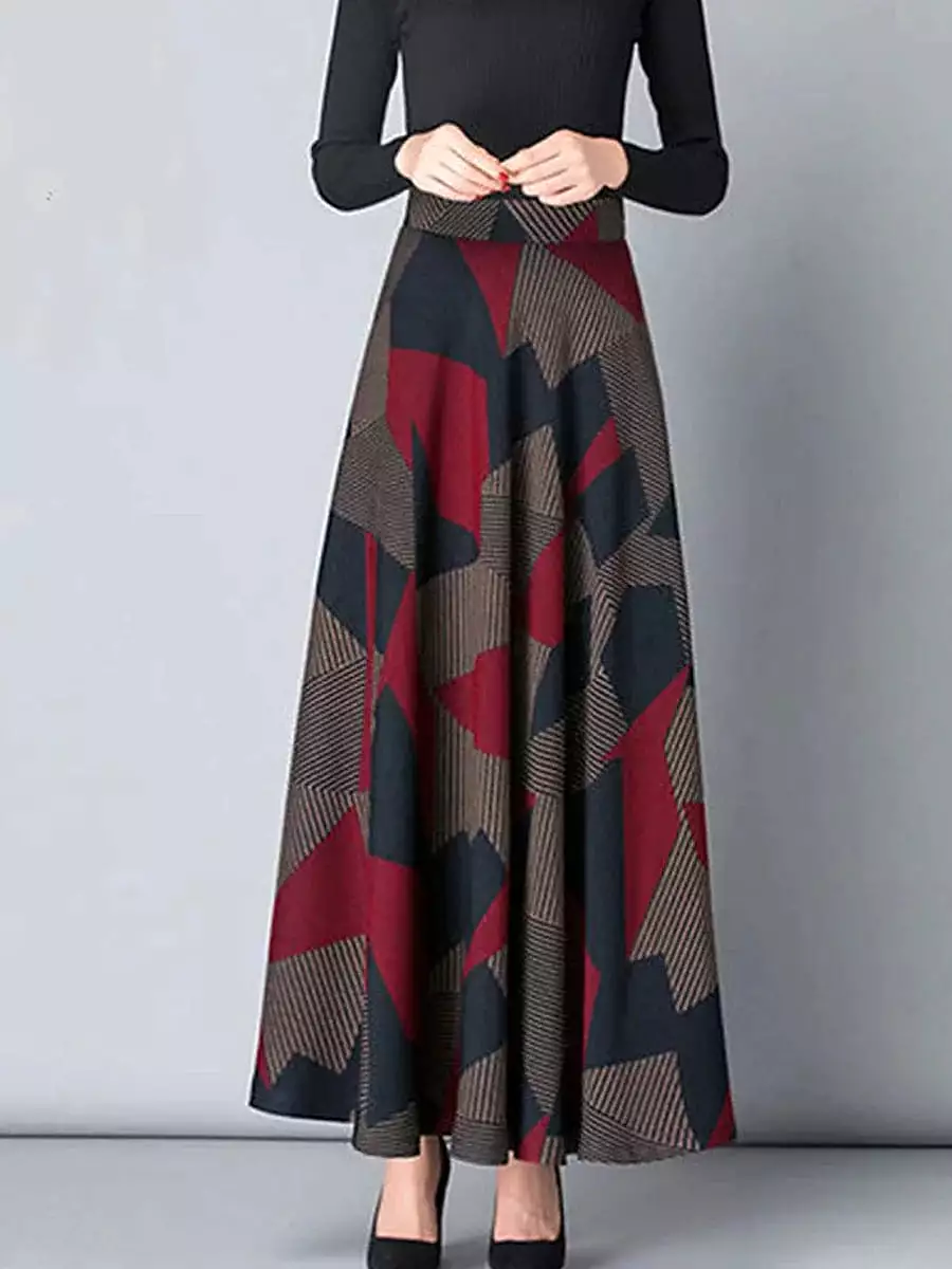 A Line Maxi Skirt for Women in Black, Yellow, and Red with Pleated Print and Pockets