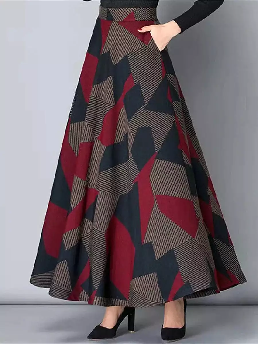 A Line Maxi Skirt for Women in Black, Yellow, and Red with Pleated Print and Pockets