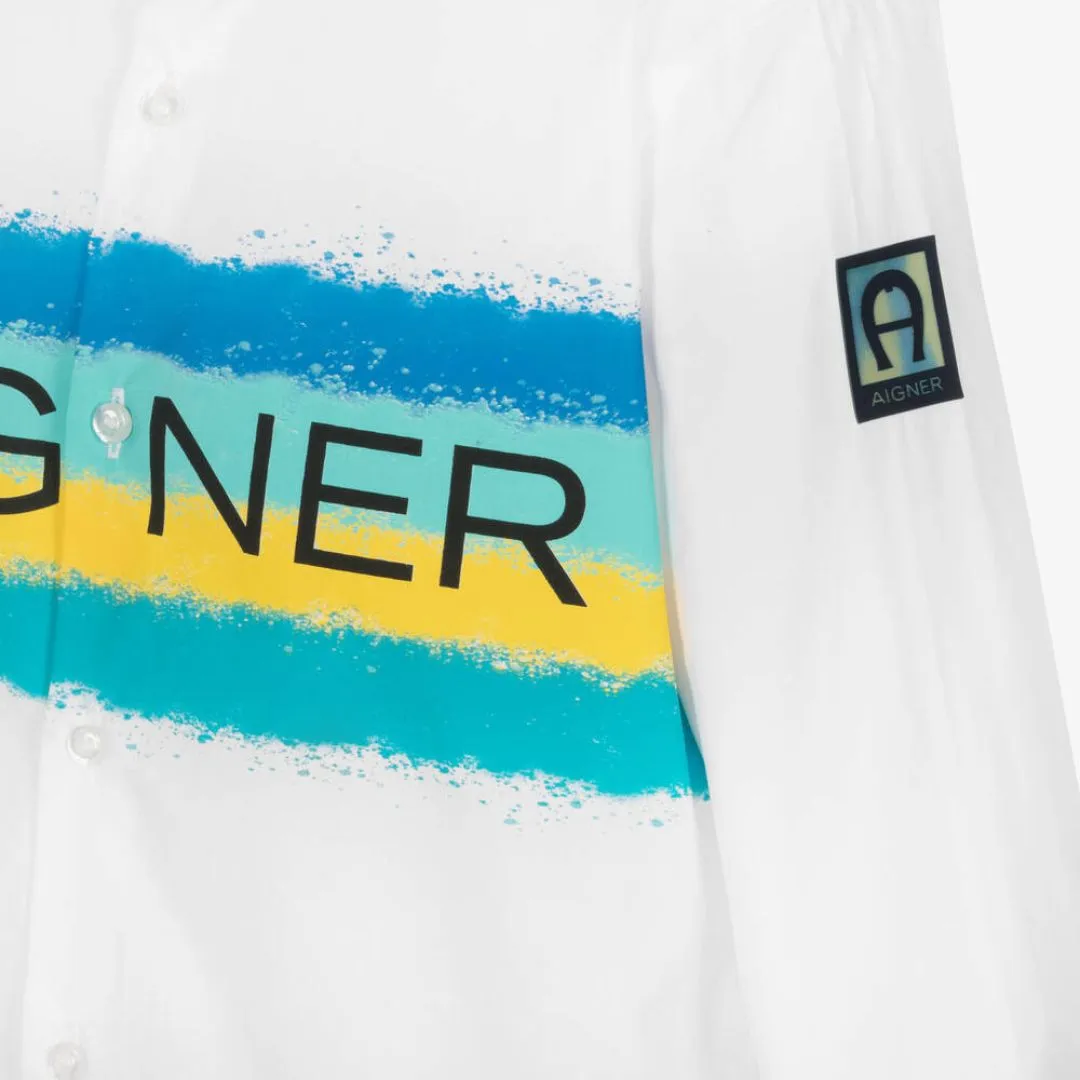 Aigner Shirt Blue And Yellow Logo White