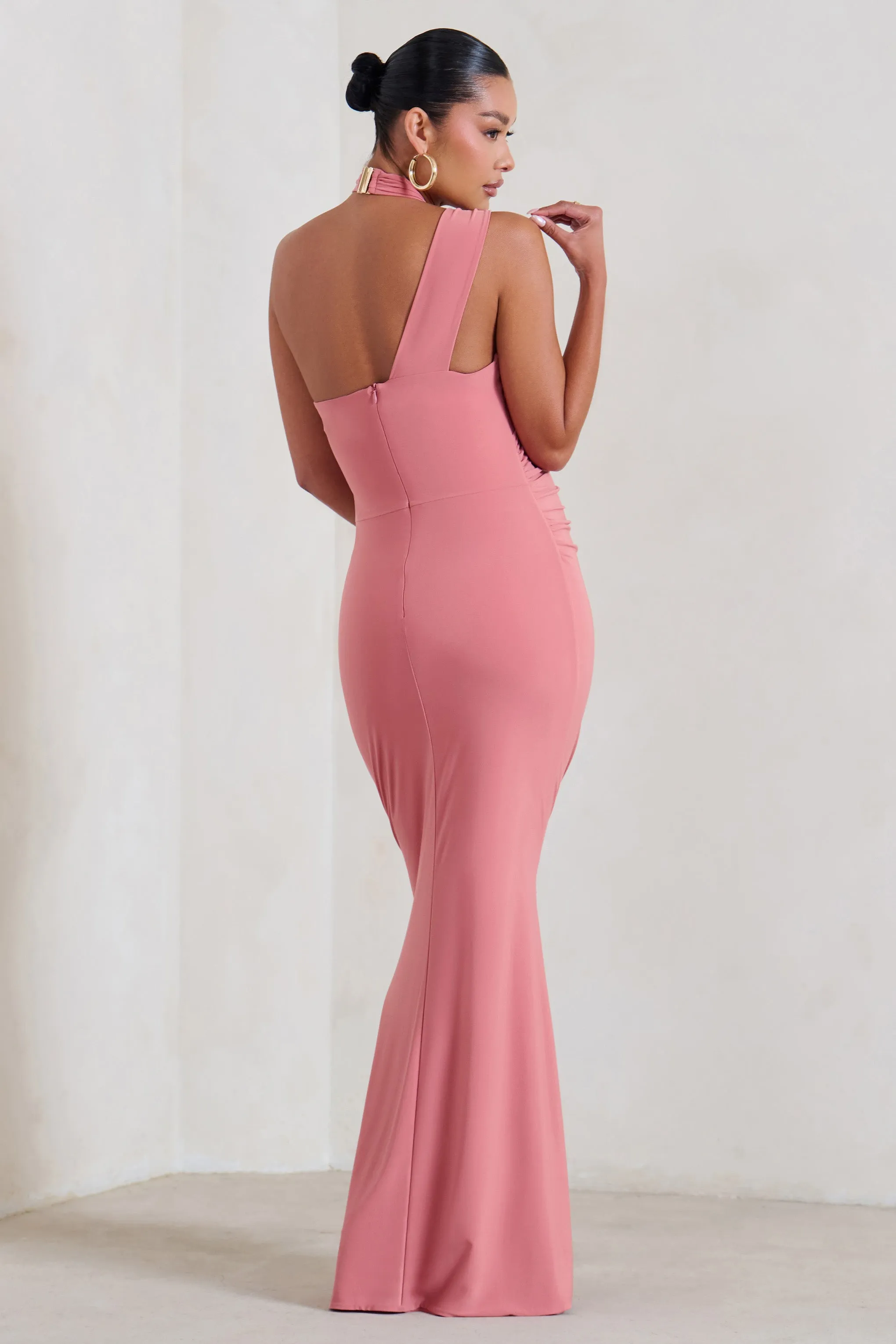 Alba | Blush Pink Maternity Halter Asymmetric Maxi Dress with Cut Out