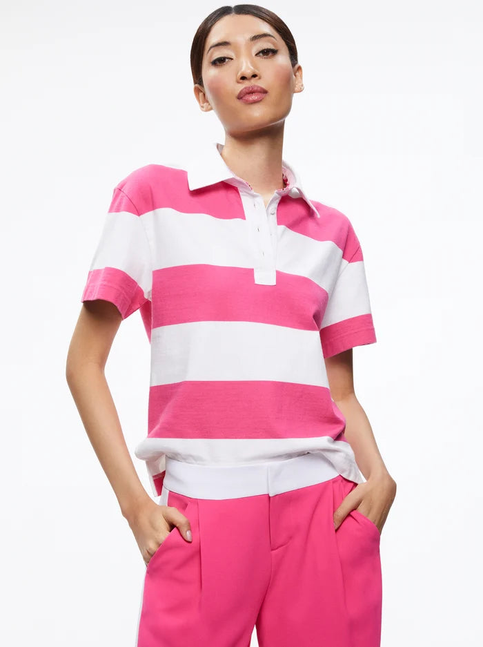 Alice + Olivia - Treva Boxy Polo Shirt - Candy/White