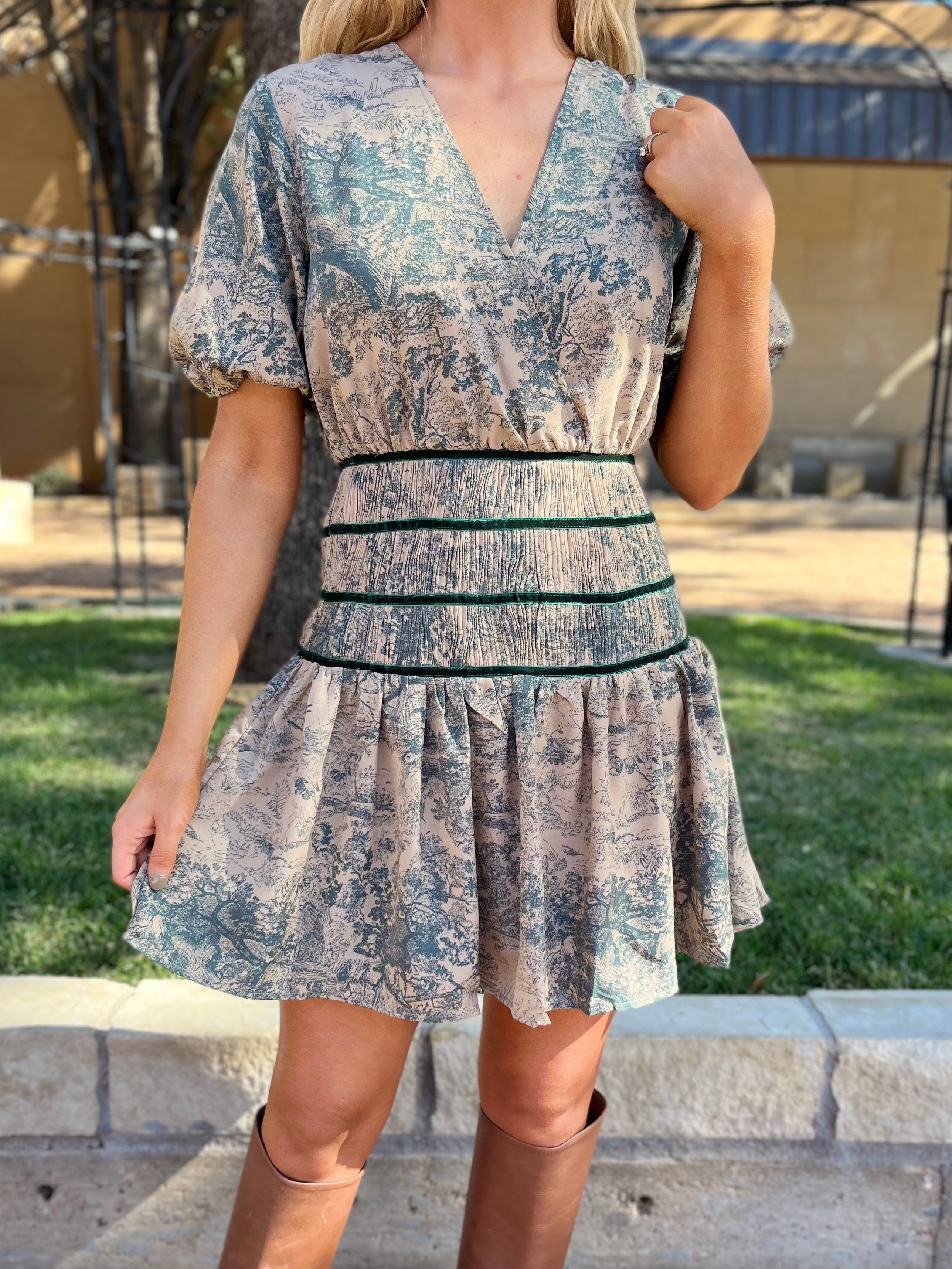 Antique Print Short Sleeve Mini Dress - Forest