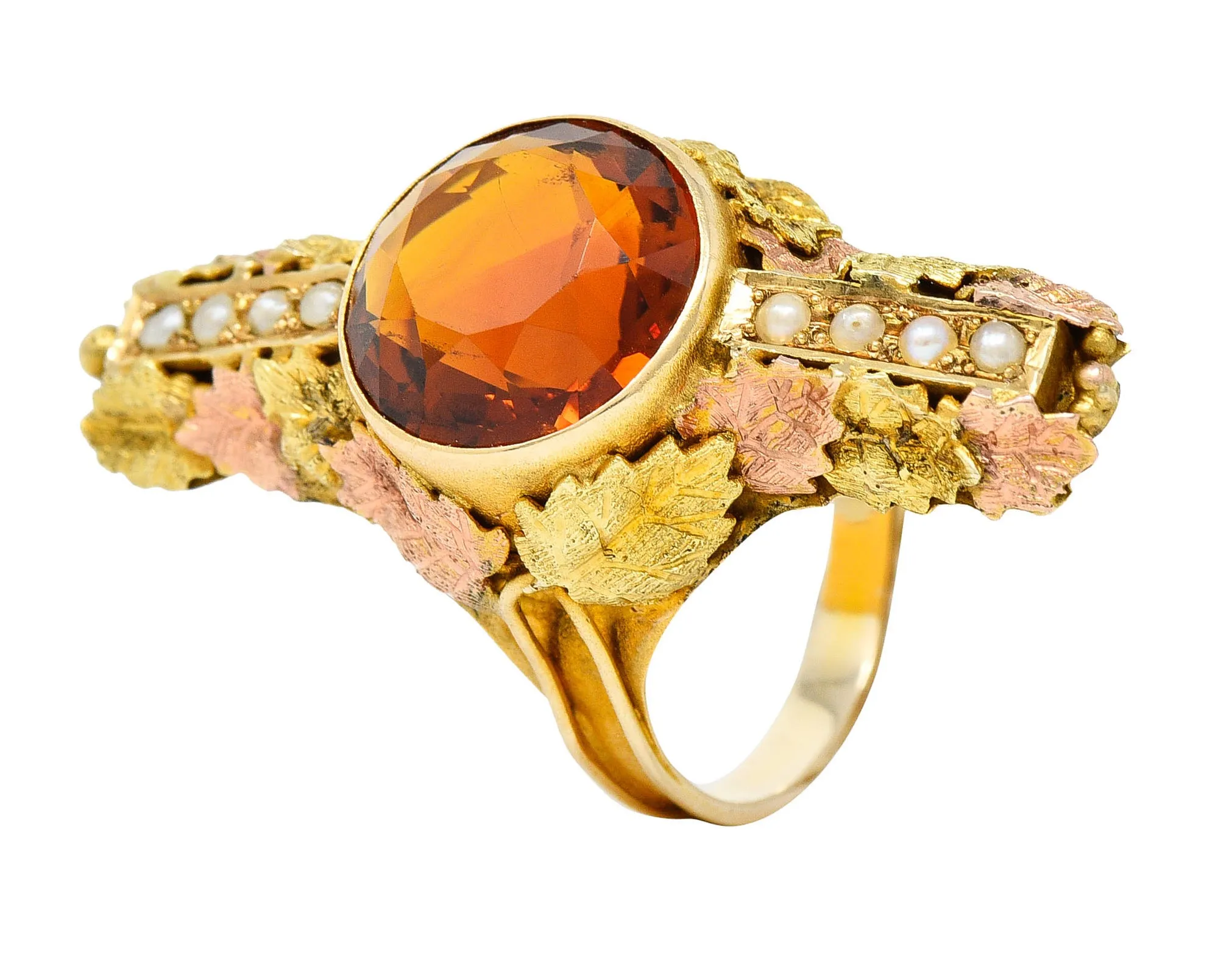 Arts & Crafts Citrine Pearl 14 Karat Tri-Colored Gold Foliate Ring