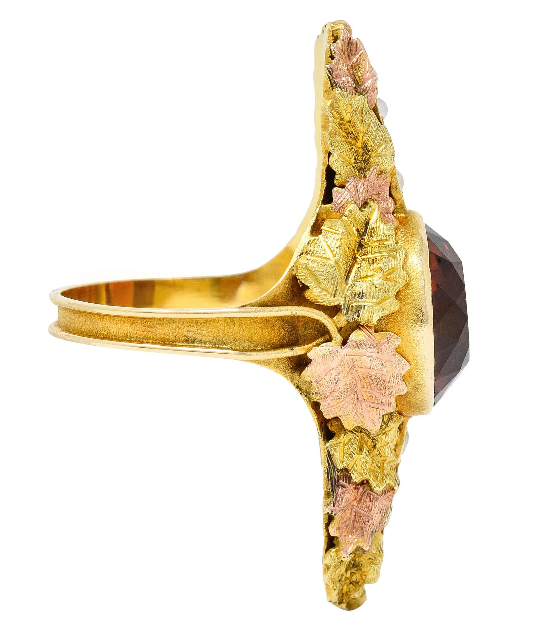 Arts & Crafts Citrine Pearl 14 Karat Tri-Colored Gold Foliate Ring