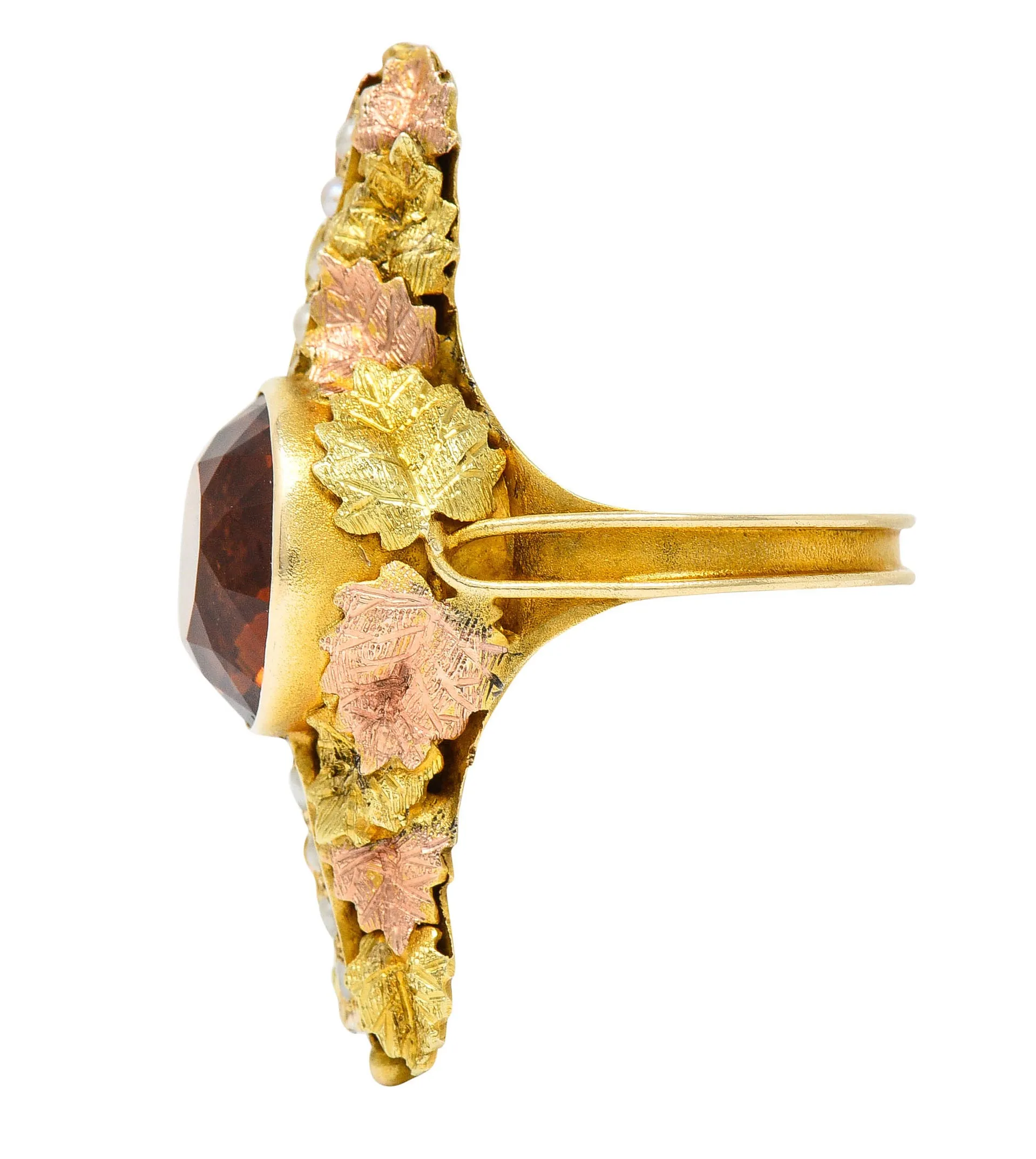 Arts & Crafts Citrine Pearl 14 Karat Tri-Colored Gold Foliate Ring