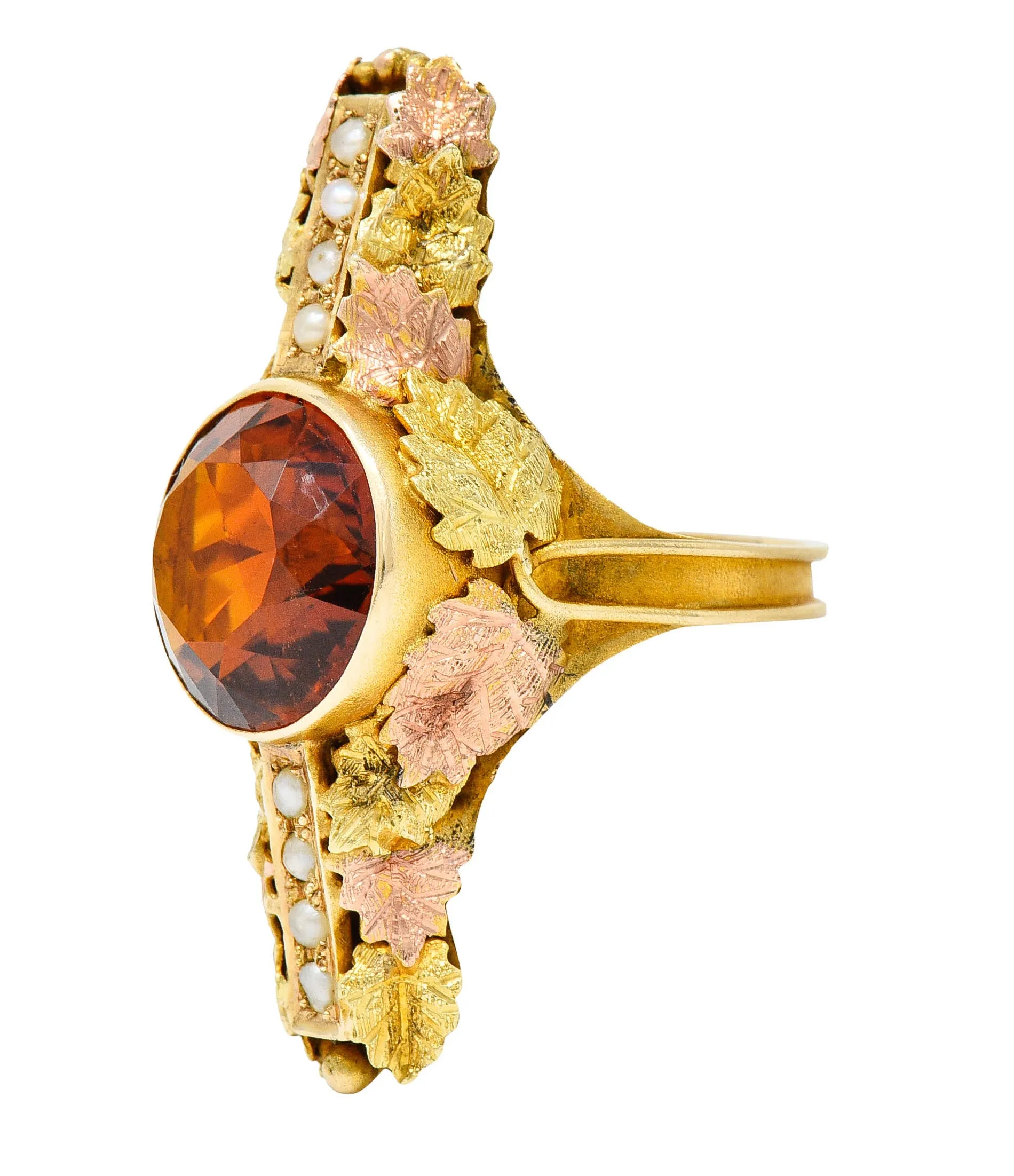 Arts & Crafts Citrine Pearl 14 Karat Tri-Colored Gold Foliate Ring