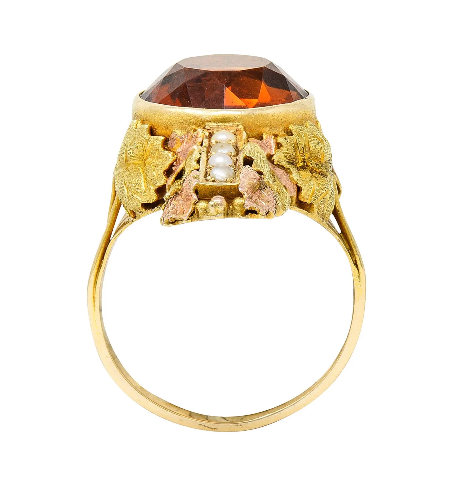 Arts & Crafts Citrine Pearl 14 Karat Tri-Colored Gold Foliate Ring