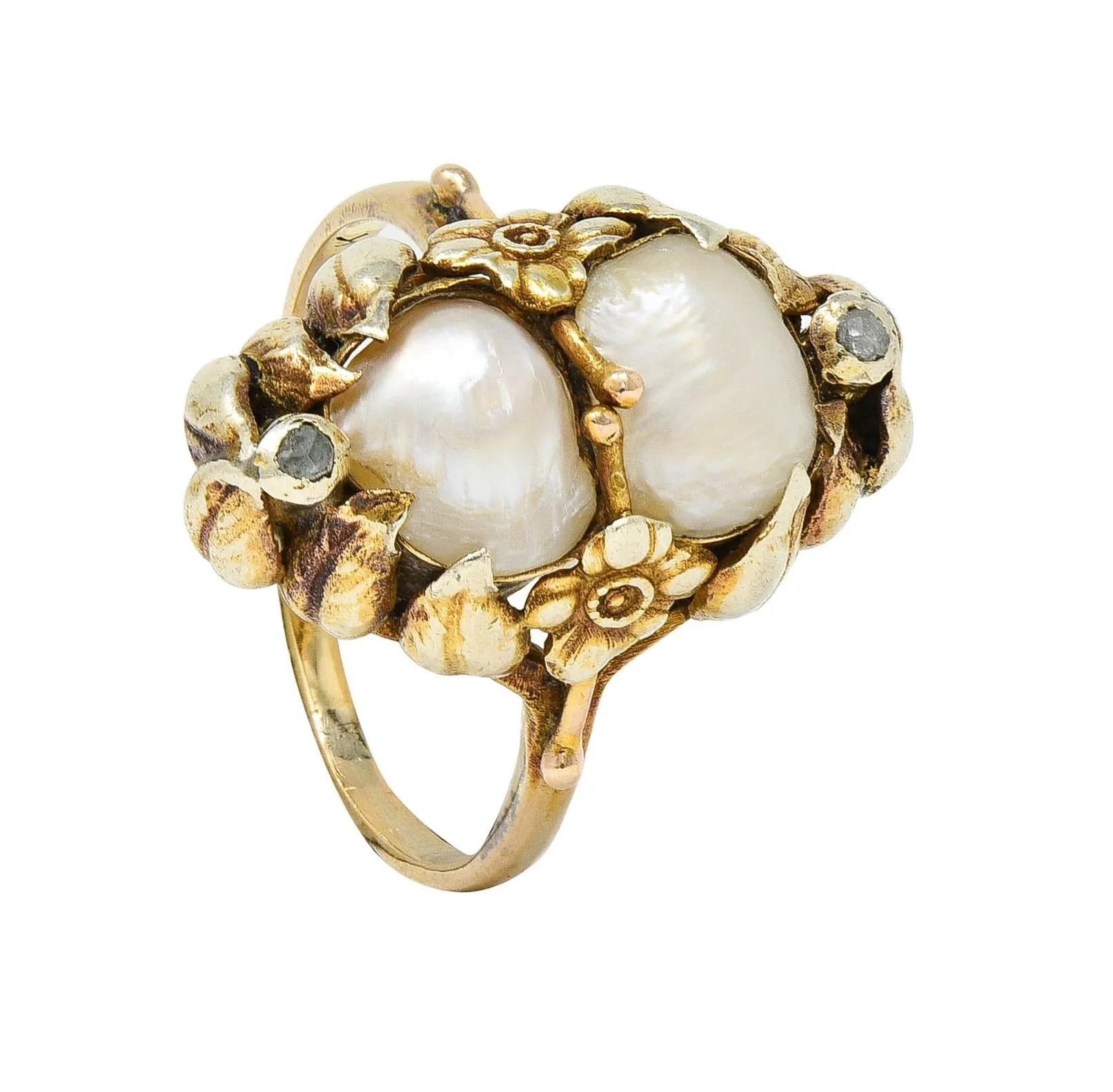 Arts & Crafts Diamond Baroque Pearl 14 Karat Yellow Gold Antique Floral Dinner Ring