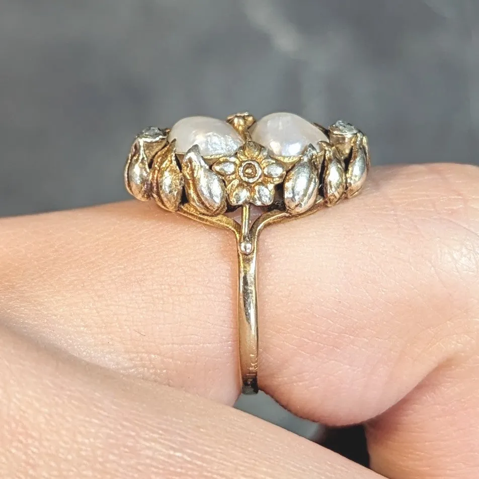 Arts & Crafts Diamond Baroque Pearl 14 Karat Yellow Gold Antique Floral Dinner Ring