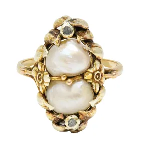 Arts & Crafts Diamond Baroque Pearl 14 Karat Yellow Gold Antique Floral Dinner Ring