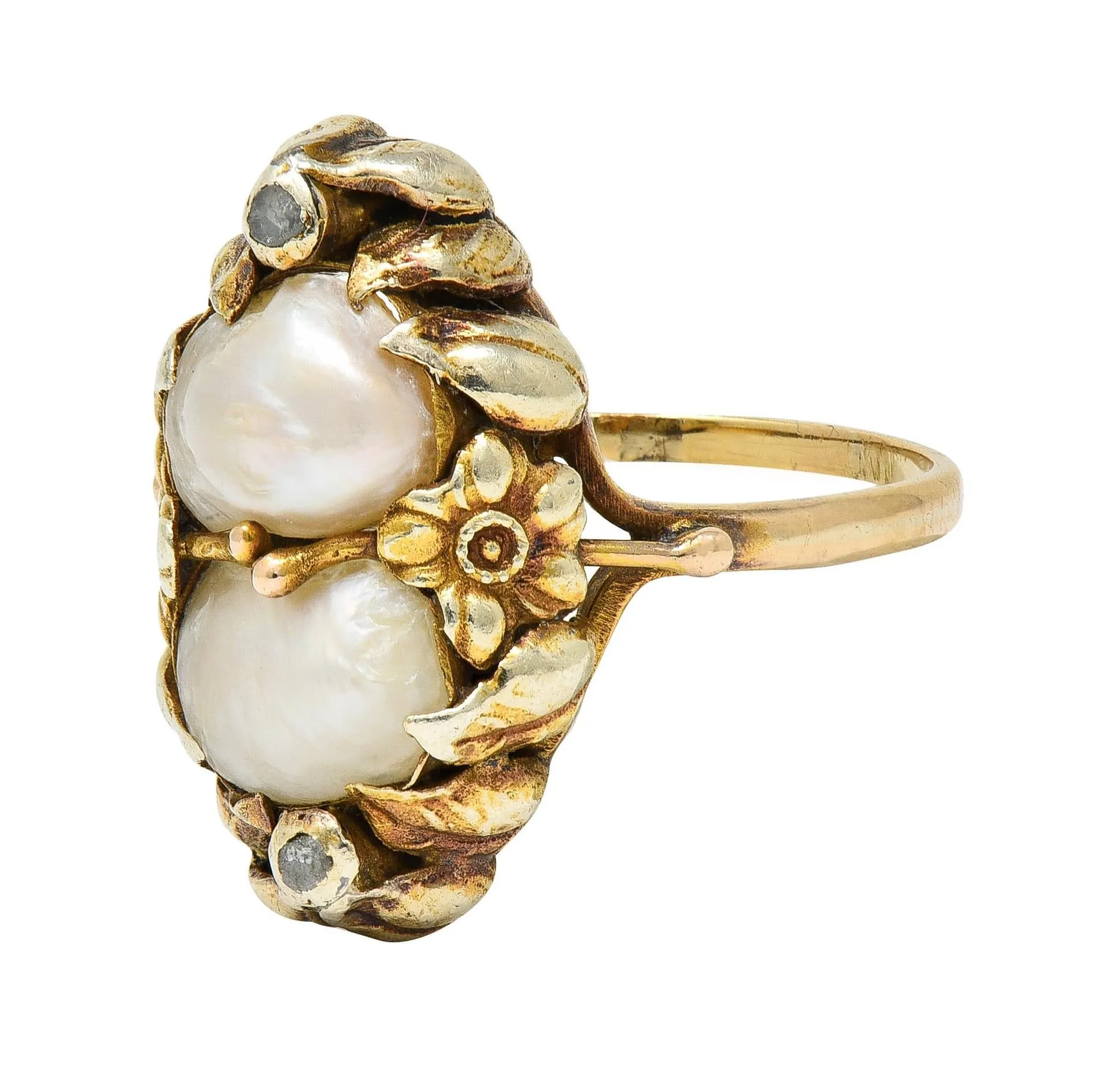 Arts & Crafts Diamond Baroque Pearl 14 Karat Yellow Gold Antique Floral Dinner Ring