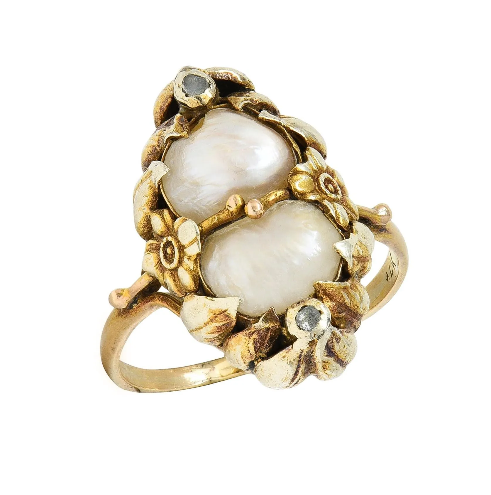 Arts & Crafts Diamond Baroque Pearl 14 Karat Yellow Gold Antique Floral Dinner Ring