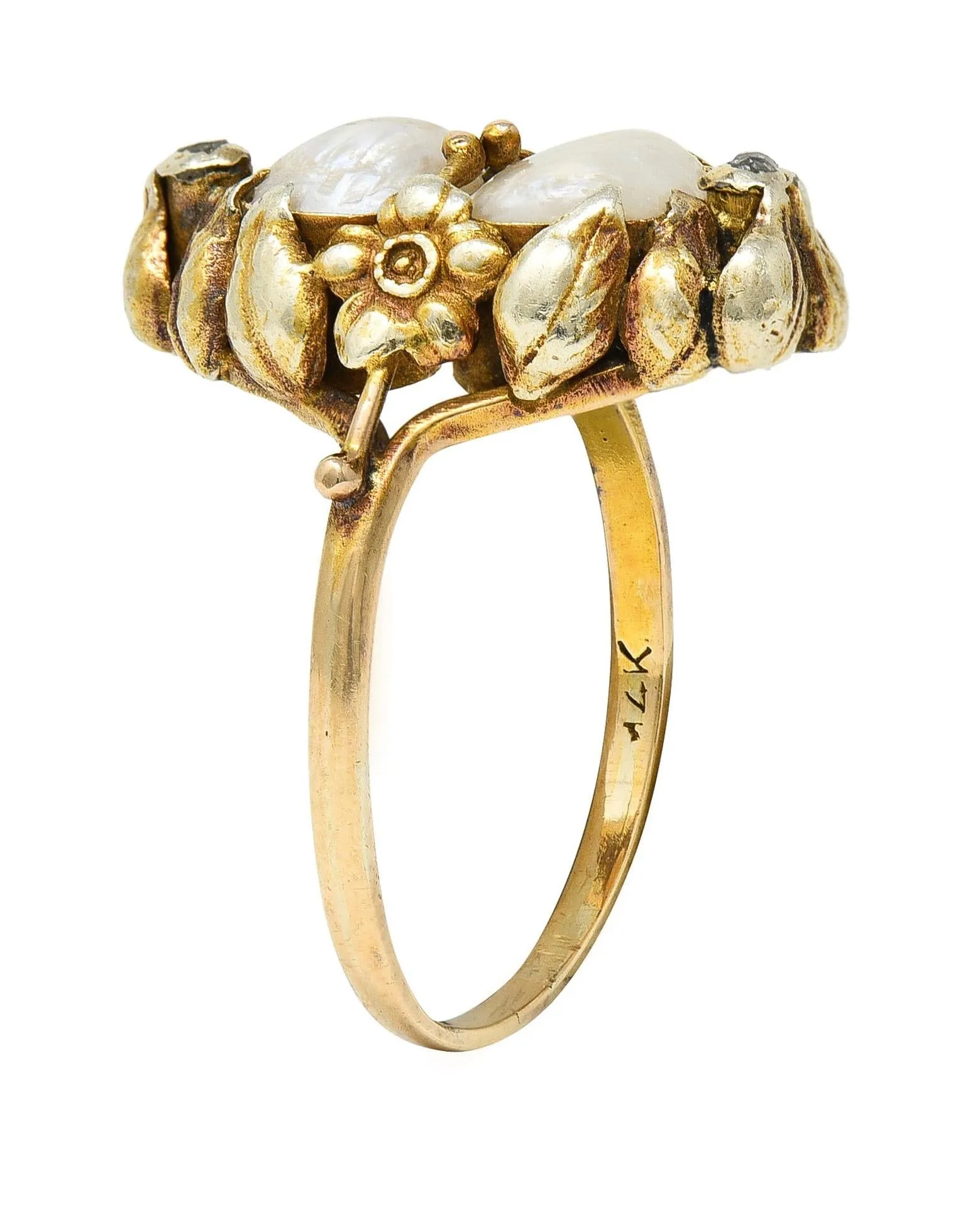 Arts & Crafts Diamond Baroque Pearl 14 Karat Yellow Gold Antique Floral Dinner Ring