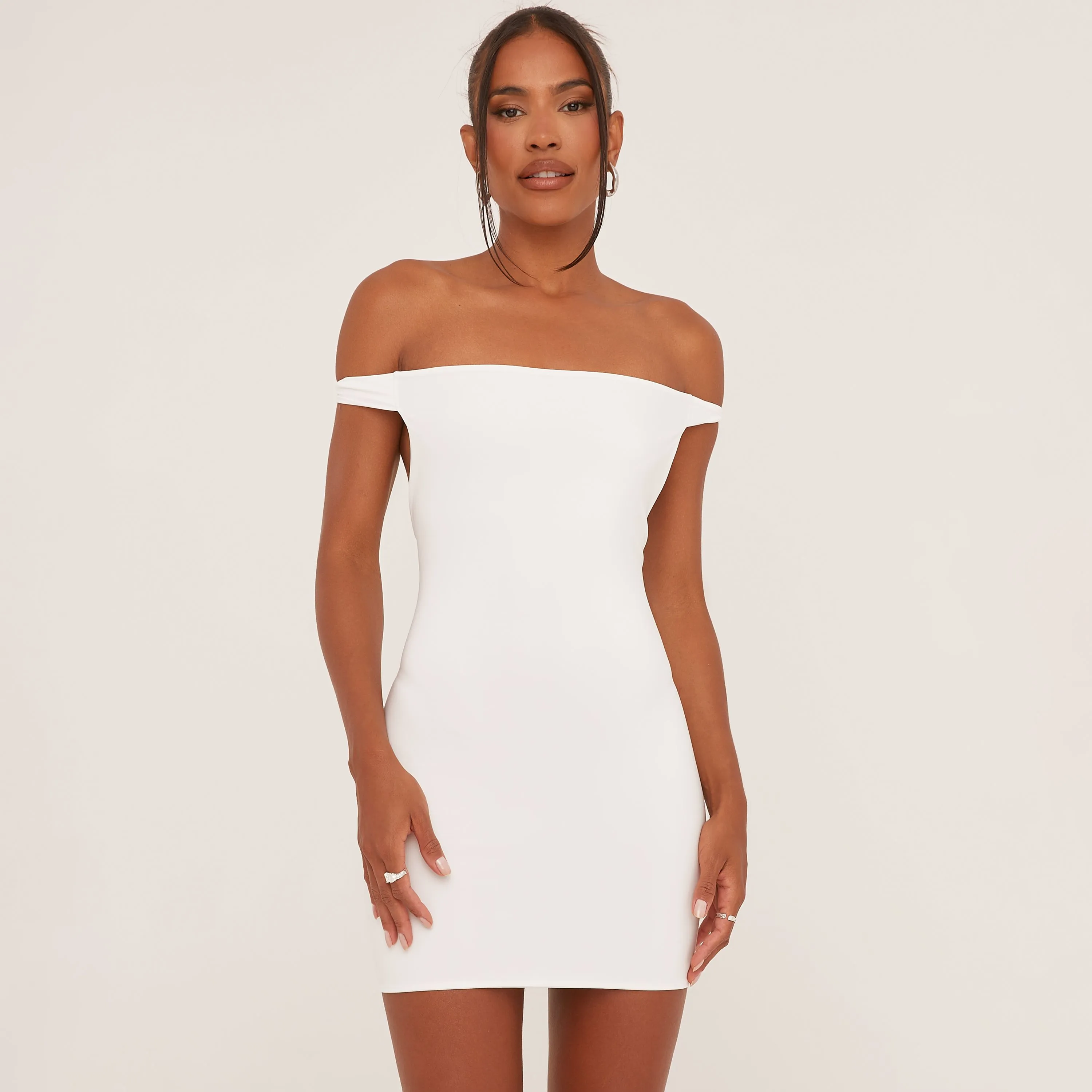 Bardot Twist Strap Detail Open Back Mini Bodycon Dress In White Slinky