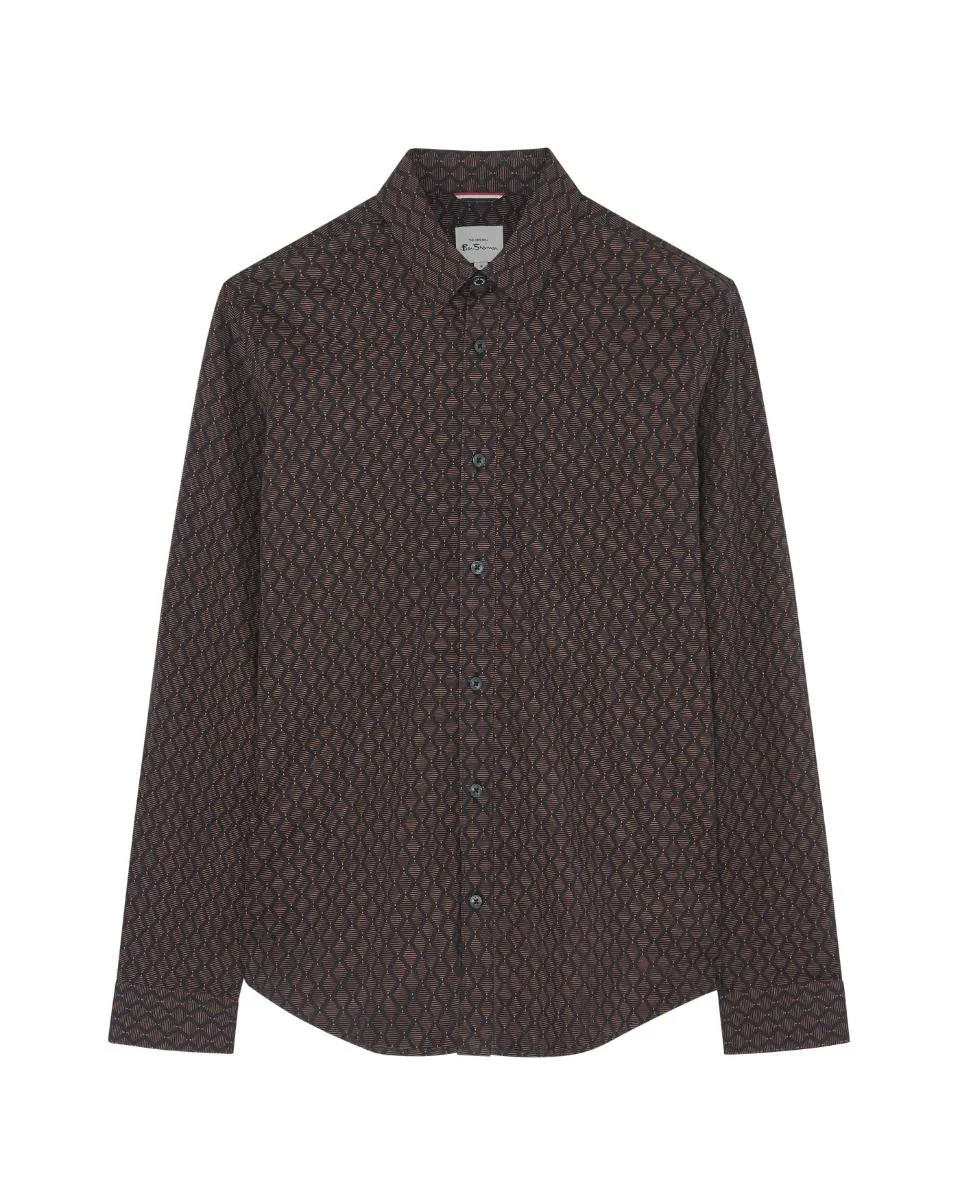 Ben Sherman Long Sleeve Linear Geo Print Shirt Black