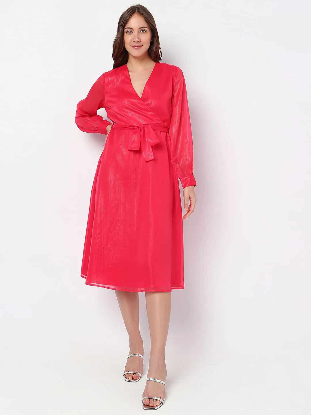 Berry Pink V-Neck Midi Dress