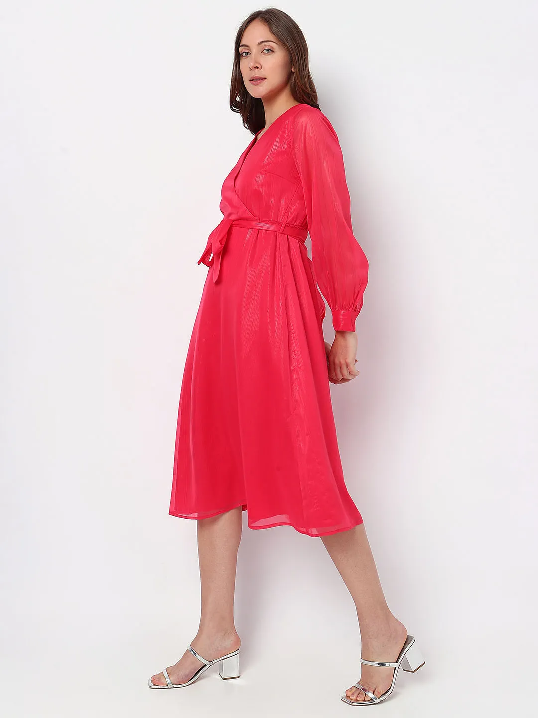 Berry Pink V-Neck Midi Dress