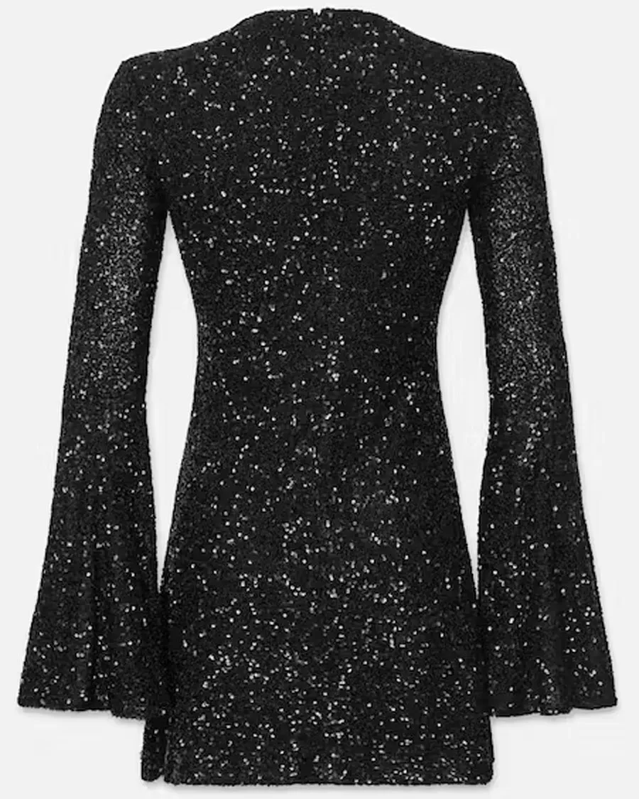 Black Sequin Flutter Sleeve Dress