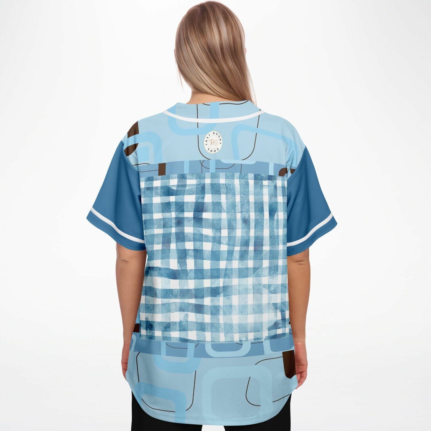 Blue Geo Patchwork Plaid Baseball Jersey