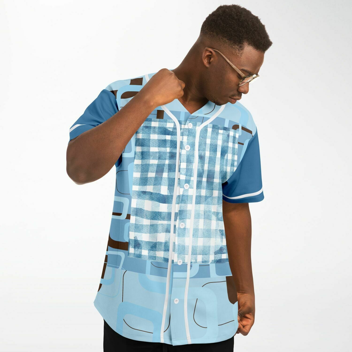 Blue Geo Patchwork Plaid Baseball Jersey