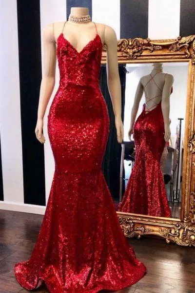 Bodycon Red Backless Sequins Mermaid Prom Dress