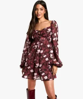 boohoo Womens Floral Blouson Sleeve Skater Dress