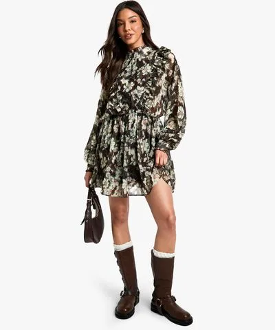 boohoo Womens Floral Print Chiffon Long Sleeve Mini Dress