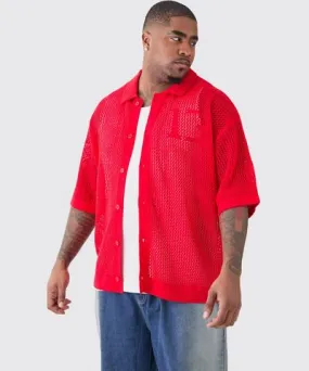 boohooMAN Mens Plus Short Sleeve Open Stitch Varsity Knit Shirt In Red