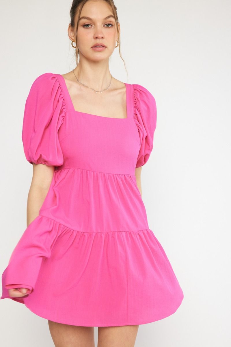 BUBBLE SLEEVE TIERED MINI DRESS- HOT PINK