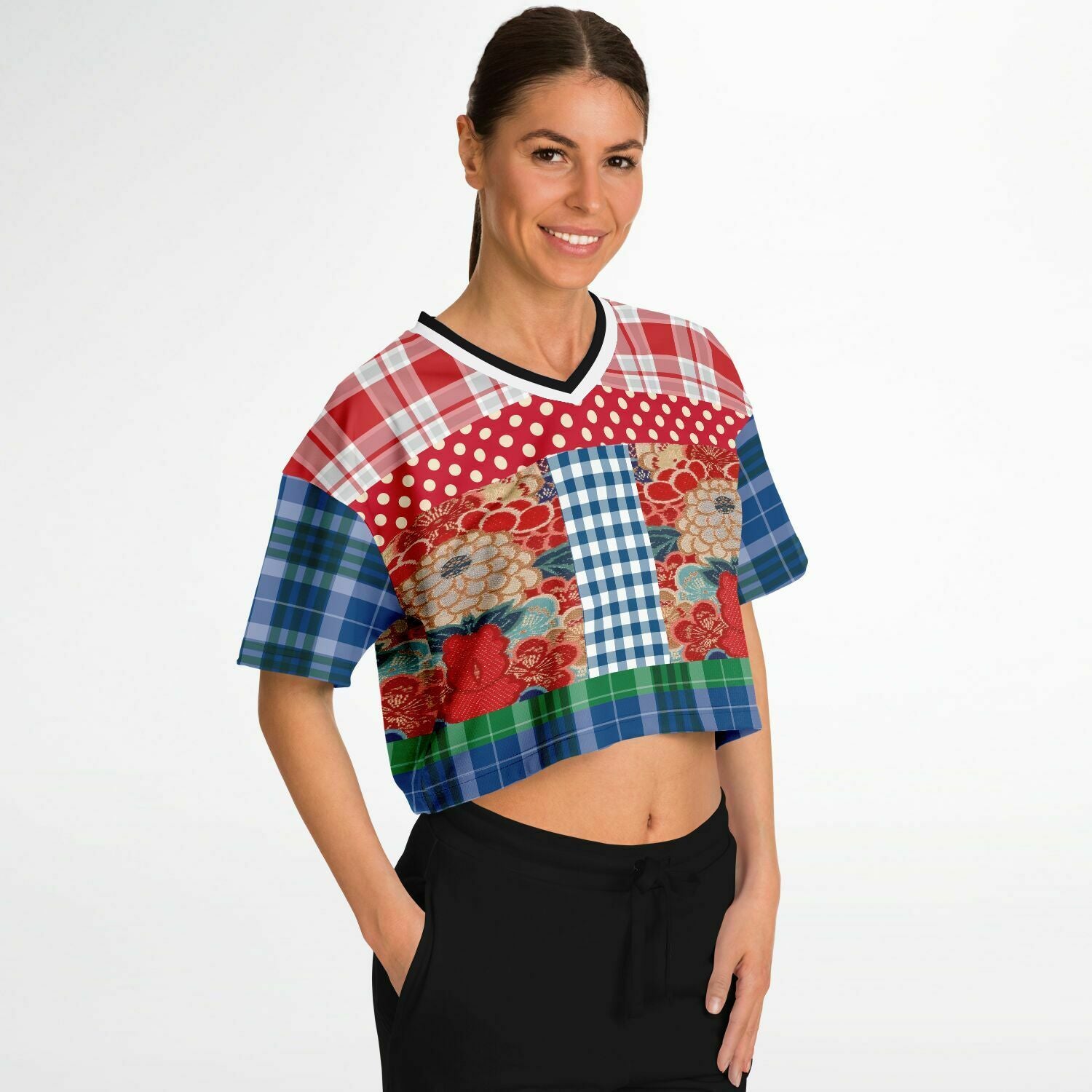 Busan Fleur Floral Plaid Patchwork Crop Jersey