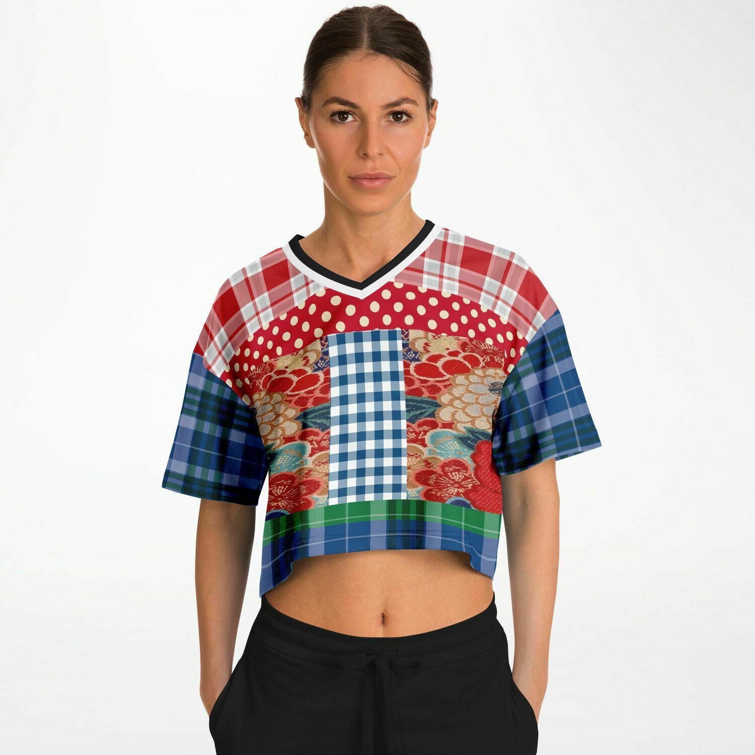 Busan Fleur Floral Plaid Patchwork Crop Jersey