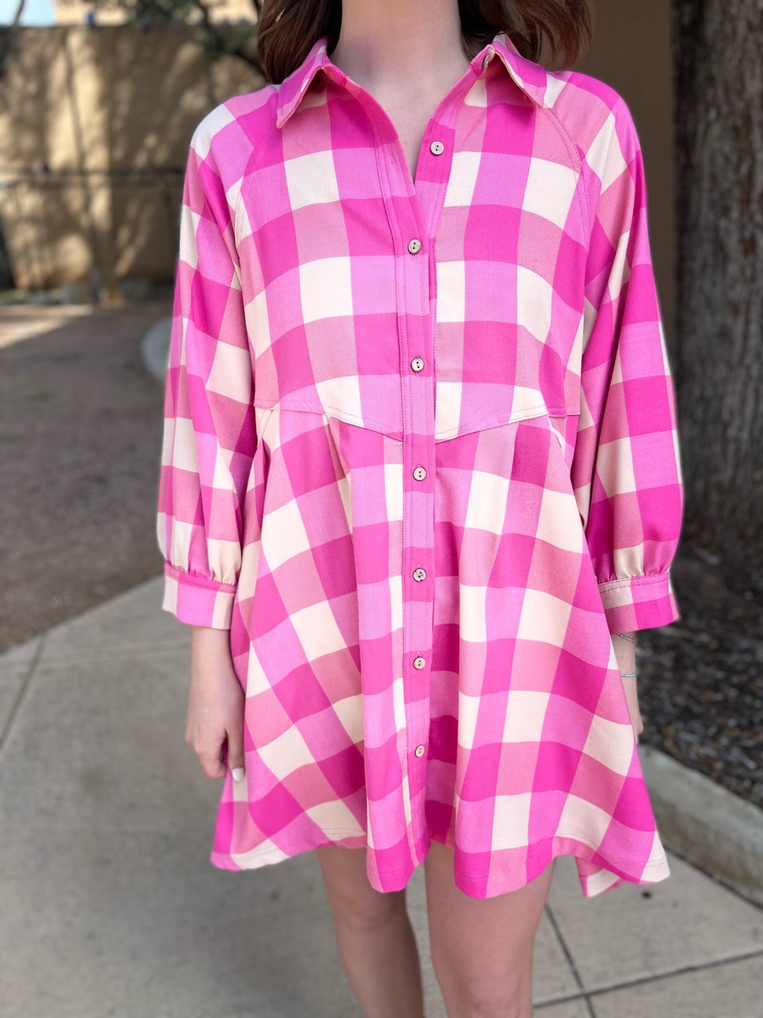 Button Down Collared Mini Dress- Pink