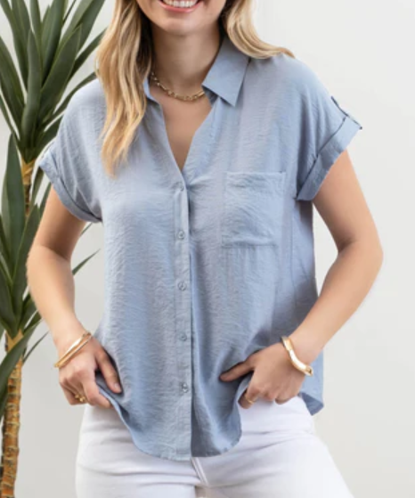 Button Down Top with Short Sleeves - Medium Blue