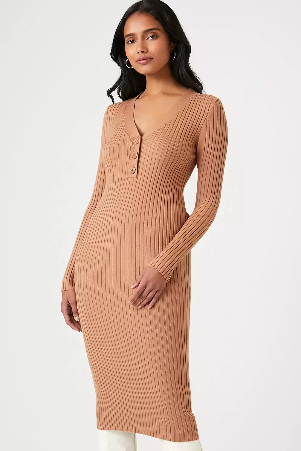 Button-Front Midi Sweater Dress