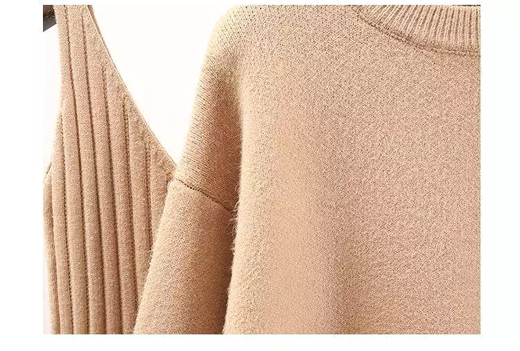 Cashmere Soft Ribbed Knit Dress And Long Sleeve Sweater Two Piece Set