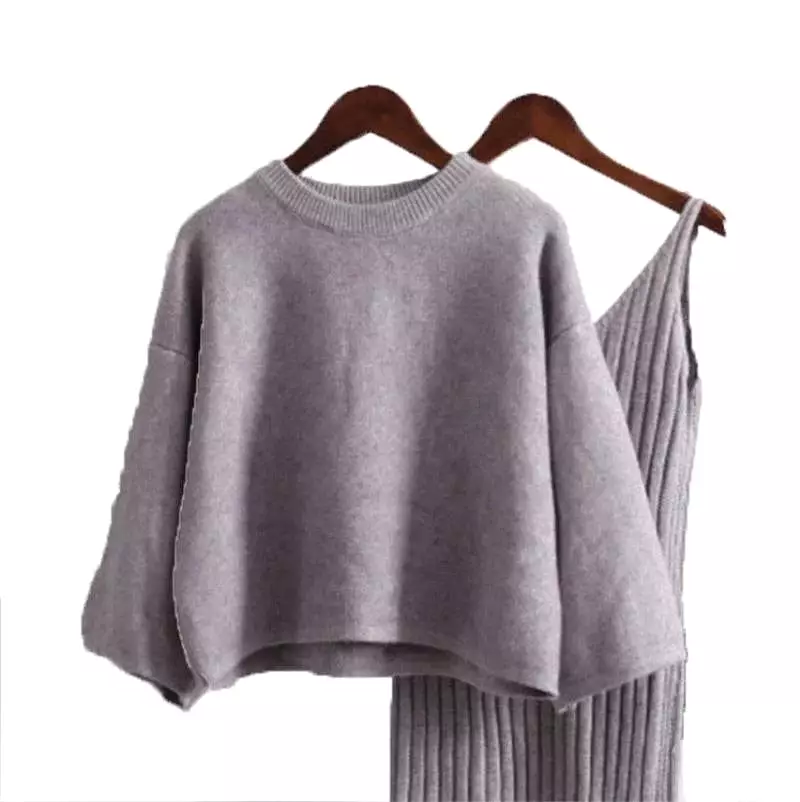 Cashmere Soft Ribbed Knit Dress And Long Sleeve Sweater Two Piece Set